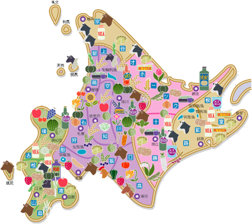 北海道の地域別特産品と産業をイラストで表現したマップ。