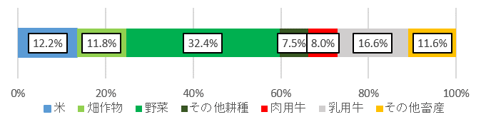 道南地帯の令和3年の農業産出額の内訳を示した横棒グラフ。全体を100％とし、米（12.2％）、畑作物（11.8％）、野菜（32.4％）、その他耕種（7.5％）、肉用牛（8.0％）、乳用牛（16.6％）、その他畜産（11.6％）の構成比を色分けで表示している。
